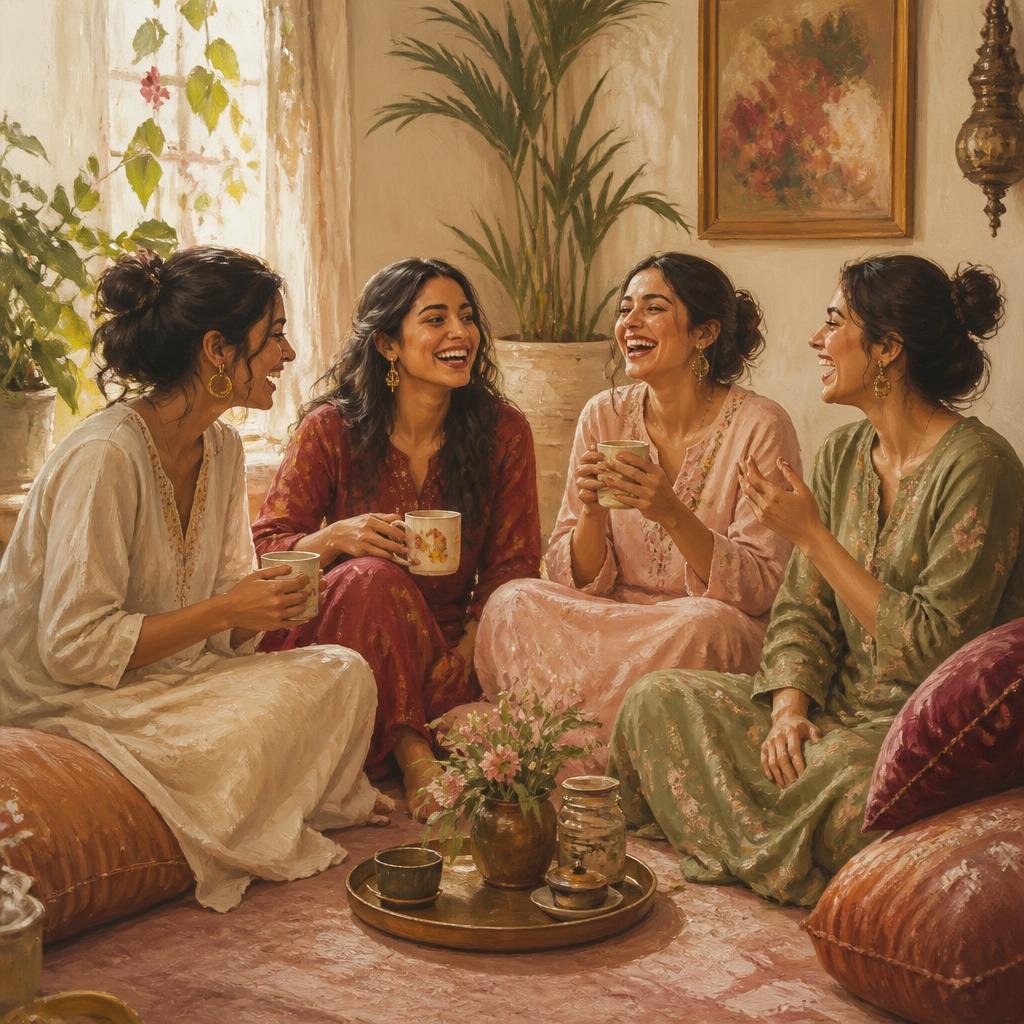Illustration of four women laughing together over chai on floor cushions