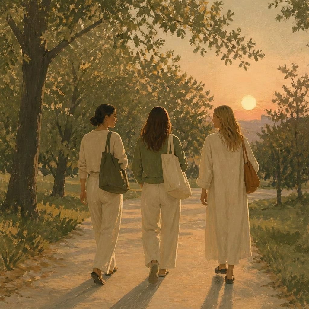 Illustration of three women walking a tree-lined park path at sunset