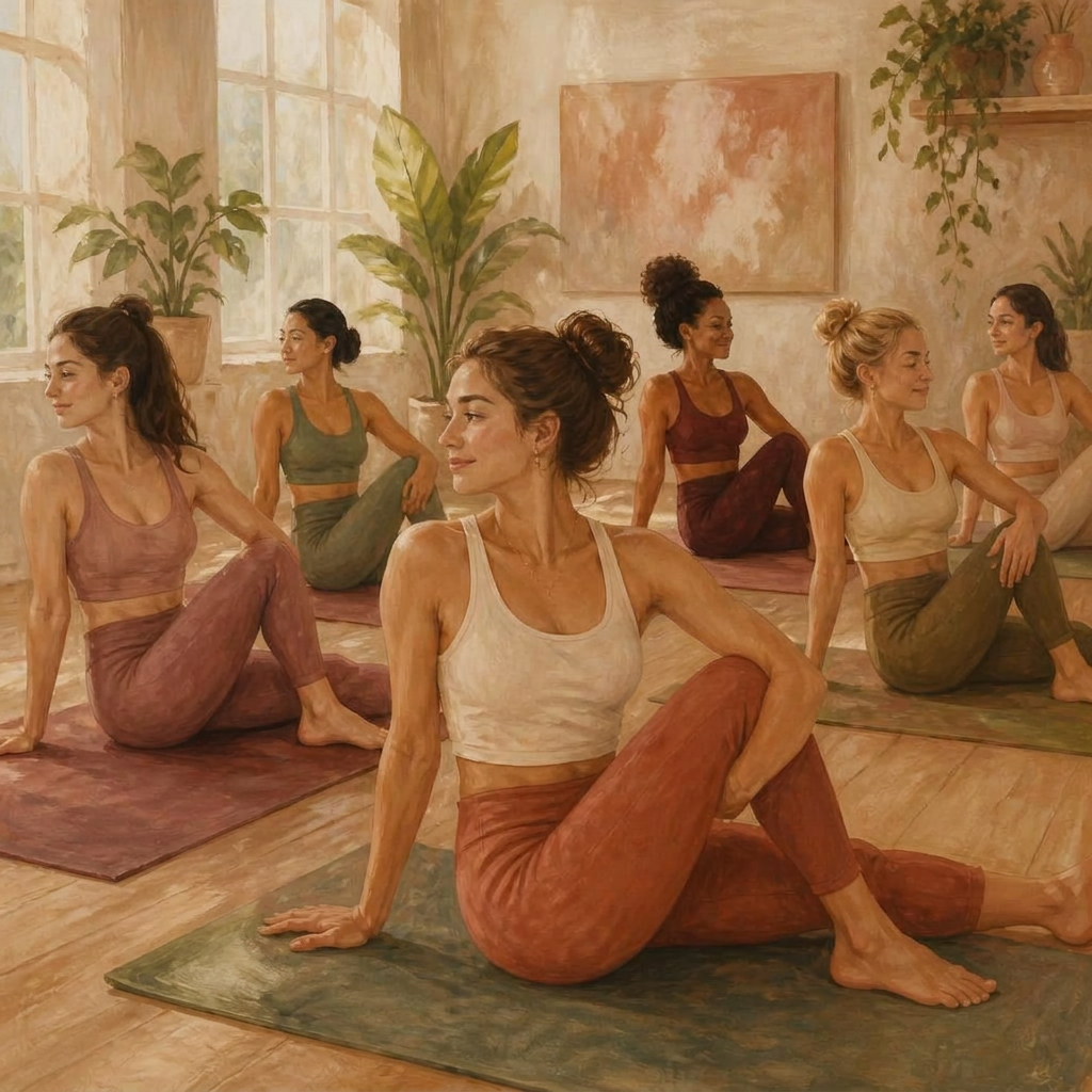 Illustration of women practising yoga together in a sunlit studio